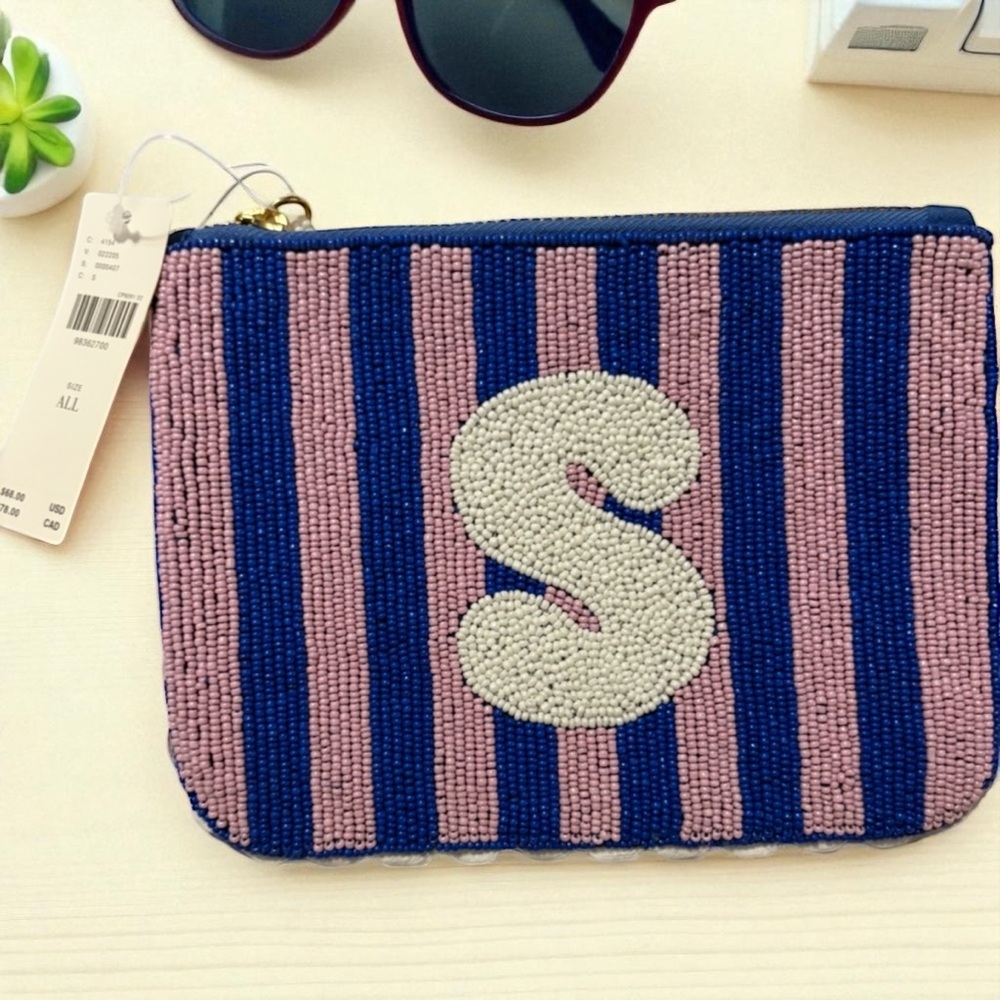 NWT Anthropologie 2025 Beaded Striped Monogram Pouch Letter “S”
